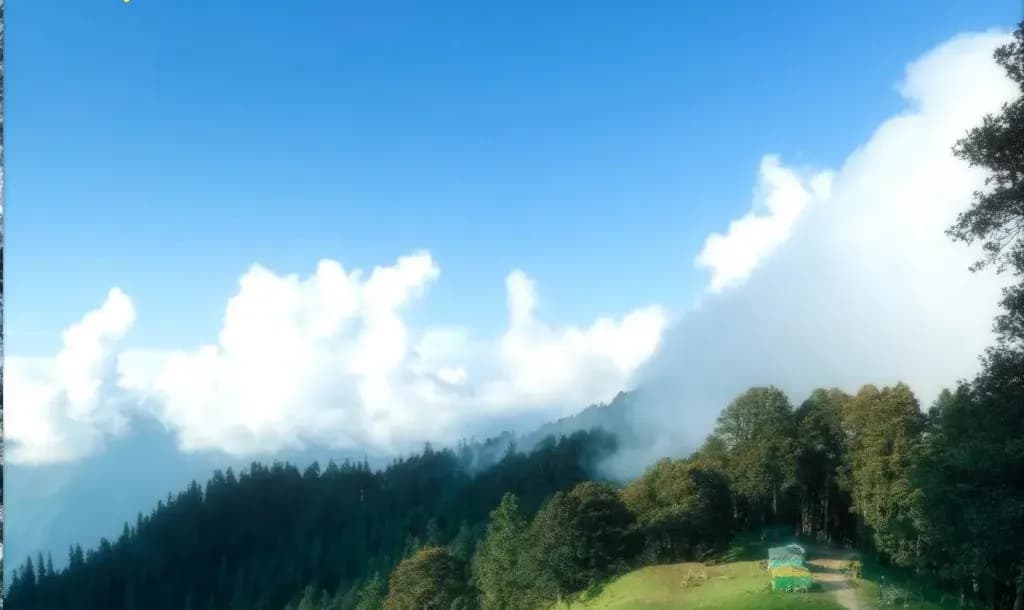Clouds over the forested ridge above Jibhi
